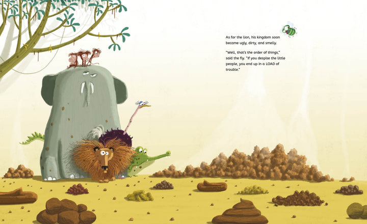 A scene from "The King of Poop" by Schiffer Publishing, Ltd. shows an elephant with three meerkats on its head, standing by a lion and crocodile amid dry terrain, alongside playful dung beetles and flies exploring the animal ecosystem.