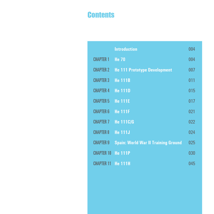 A table of contents for Schiffer Publishing, Ltd.'s Heinkel He 111 lists chapters on WWII Luftwaffe bomber variants, including the He 70 and prototypes, plus a section on Spain as a WWII training ground, with page numbers.