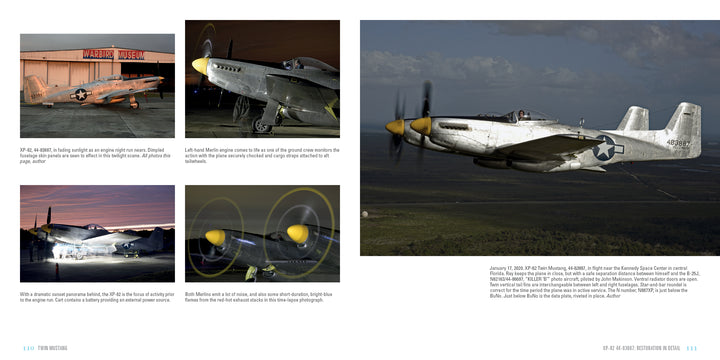 A collage from Schiffer Publishing, Ltd.'s Twin Mustang showcases WWII P-51 Mustangs in flight and on display, with color and B&W photos of pilots, scenic backgrounds, and rare F-82 Twin Mustang night fighter shots.