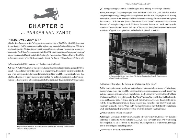 A book spread from Schiffer Publishing’s "The Aviation Pioneers of McCook Field" shows Chapter 6: J. Parker Van Zandt, with interview text and a black-and-white photo of military personnel at the early aviation hub, McCook Field.