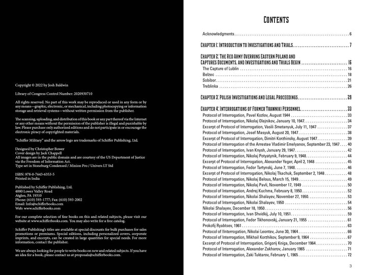A two-page spread from "Trawniki Guards: Foot Soldiers of the Holocaust" (Schiffer Publishing, Ltd.): the left page shows copyright information; the right lists contents on investigations, postwar trials, and interrogations in Poland and Lublin.