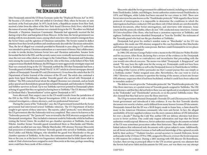 A scanned page from "Trawniki Guards: Foot Soldiers of the Holocaust" by Schiffer Publishing, Ltd. shows dense two-column text on white, referencing postwar trials and Trawniki men, with section headers and pages 166–167 at the bottom.