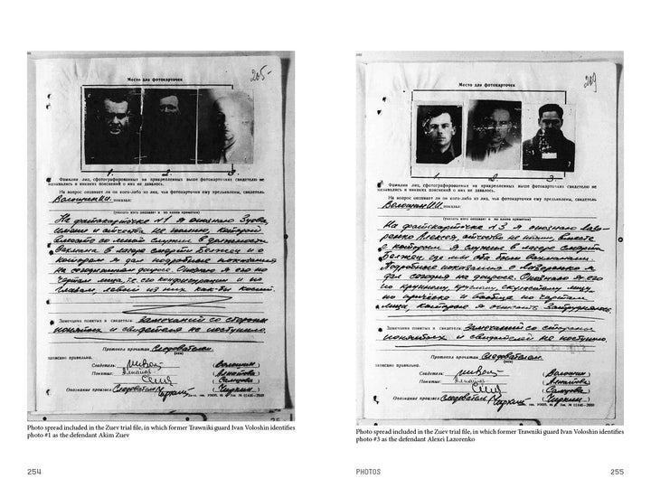 Displayed side by side, two aged KGB documents from Schiffer Publishing's "Trawniki Guards: Foot Soldiers of the Holocaust" show handwritten Russian, three b&w mugshots each, captions, and page numbers at the bottom.