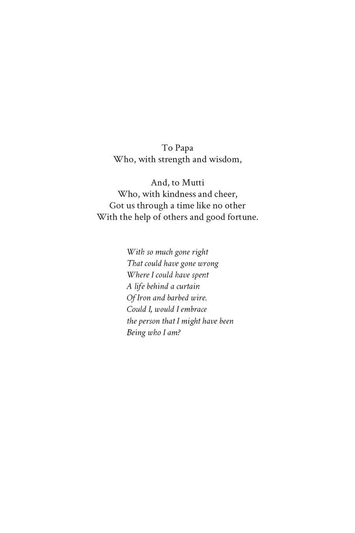 The dedication page of *Turbulent Journey* (Schiffer Publishing, Ltd.) thanks Papa for his strength shaped by early jet development and Operation Paperclip, and Mutti for kindness. A poem on choices and self-acceptance appears below in centered italics.