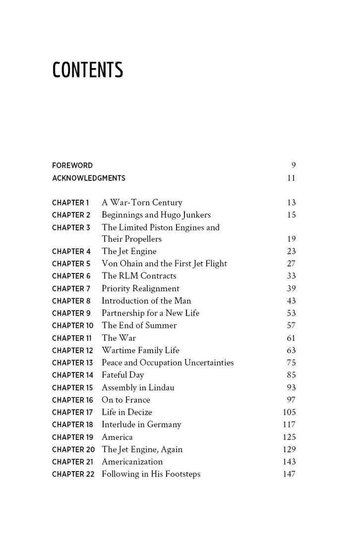 The Turbulent Journey by Schiffer Publishing, Ltd. features a table of contents with chapters like A War-Torn Century, The Jet Engine, and Following in His Footsteps. It explores early jet development, Operation Paperclip, and the Me 262.