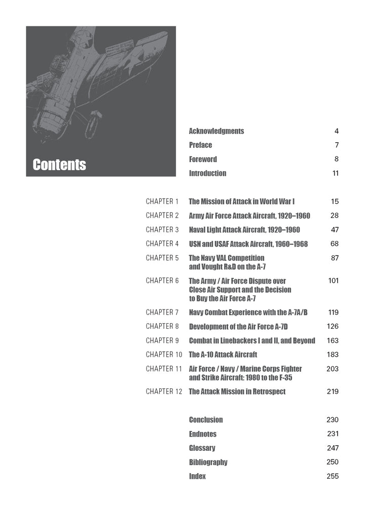 The table of contents page for "US Attack Aviation" by Schiffer Publishing, Ltd. features a grayscale jet illustration at the top, with chapter titles and pages on American attack aircraft history from WWI to today’s jets below.