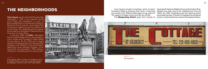 A black-and-white photo of early 1900s Union Square with the SKLEIN building and a statue contrasts a modern shot showing The Cottage restaurant’s bright sign—an image from Schiffer Publishing, Ltd.'s Ghost Signs 2 celebrating vintage ad charm.