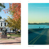 Side-by-side images from "Maryland's Eastern Shore" by Schiffer Publishing, Ltd.: a white county courthouse framed by autumn trees, and a road bridge curving over the Chesapeake Bay beneath a clear sky.
