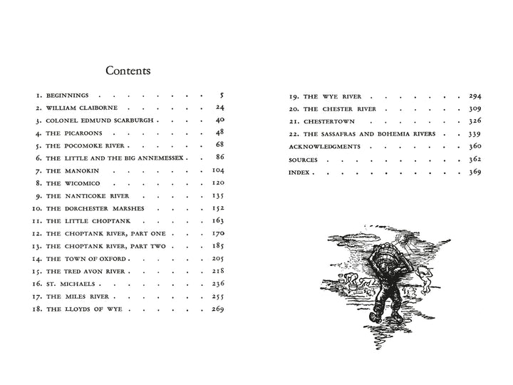 Table of contents with 24 chapters and extra sections with page numbers, plus a black-and-white image of a hiker by water—capturing Maryland's Eastern Shore from Rivers of the Eastern Shore, 2nd Edition by Schiffer Publishing, Ltd.