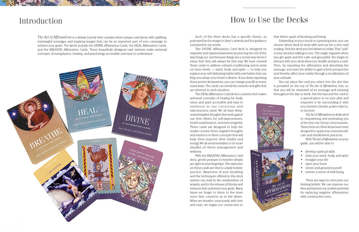 The Art of Affirmations by Schiffer Publishing, Ltd. features a vibrant oracle card deck with mystical art and affirmations like BREATHE and HEAL for self-improvement. The matching box stands beside the cards, with text surrounding the images.