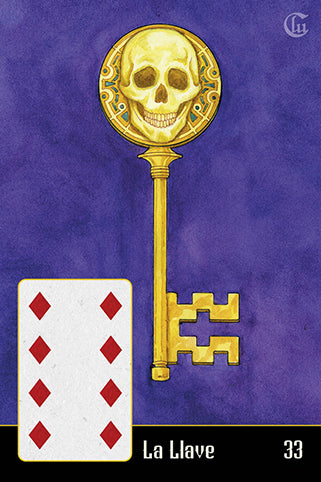 Centered on a purple background, a gold skull-topped key evokes La Santa Muerte. A seven-diamond card appears left, with "La Llave" and number 33 below—capturing the unique style of Schiffer Publishing's La Santa Muerte Lenormand.
