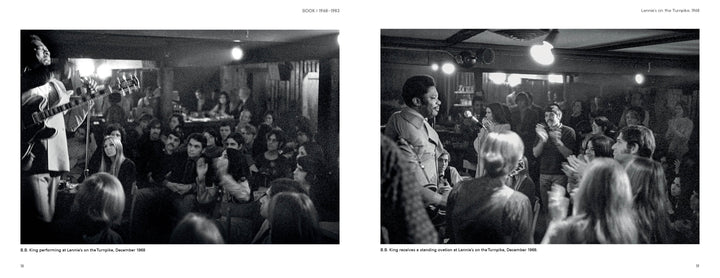 Two black-and-white photos in "B.B. King: From Indianola to Icon" by Schiffer Publishing, Ltd. capture a guitarist channeling B.B. King on stage and a saxophonist playing as fans dance and clap in a lively club.