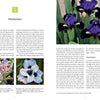 Discover Dwarf and Median Bearded Irises from Schiffer Publishing, Ltd.: one page features text and photos of these irises, while the other showcases a stunning dark purple iris for inspiring perennial gardens.