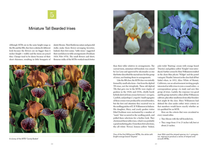 The two-page spread "Dwarf and Median Bearded Irises" by Schiffer Publishing, Ltd. showcases three iris photos and details their features, making it ideal for iris growers and gardeners interested in miniature tall bearded varieties.