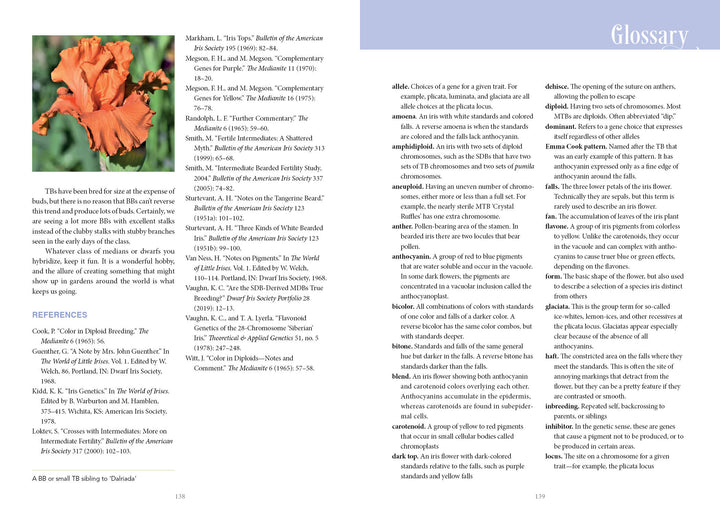 A book spread in Dwarf and Median Bearded Irises by Schiffer Publishing, Ltd. shows an orange hibiscus and a note on perennial gardening (left), with glossary terms on iris cultivation listed alphabetically in two columns (right).