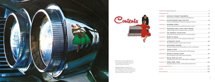 Close-up of classic car headlights reflecting two women in vintage attire—perfect for classic car fans. On the right, the Glamour Road table of contents from Schiffer Publishing, Ltd. shows two retro illustrations: one standing, one sitting on a suitcase.
