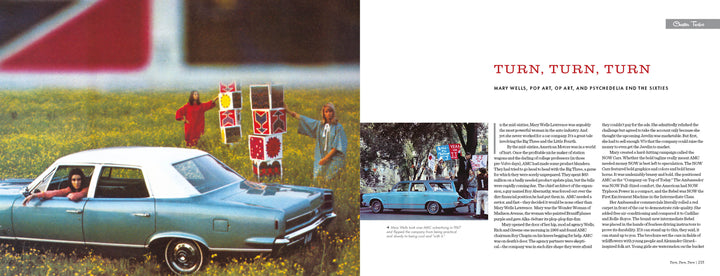 The "Glamour Road" book by Schiffer Publishing, Ltd. features a vintage blue car in a field of yellow flowers, with three people nearby—one holding colorful cubes—and a blurred flag waving in the background, alongside an article and inset photo.