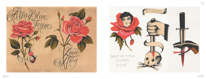 Two neoclassical tattoo flash designs from Schiffer Publishing, Ltd.: red roses with banners “Aflor Blue Jeans,” “Love Mary,” “1972”; and a woman’s head, rose, skull, dagger, and banners “Stizzo,” “Best of Times Milano 2016.”.