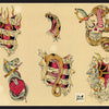 Original Tattoo Flash of John W. Harden by Schiffer Publishing, Ltd. features hand-painted classic designs—snakes, skulls, a heart with dagger, dragon, and torn skin—in bold red, yellow & black on beige, inspired by vintage tattoo art.