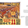 Inspired by Stoney St. Clair, "Stoney Knows How" from Schiffer Publishing, Ltd. features colorful circus artwork with trains, tents, animals, and performers; text: Cole Bros. Circus with Clyde Beatty, San Antonio, Mon Oct 11, 2PM & 8PM.