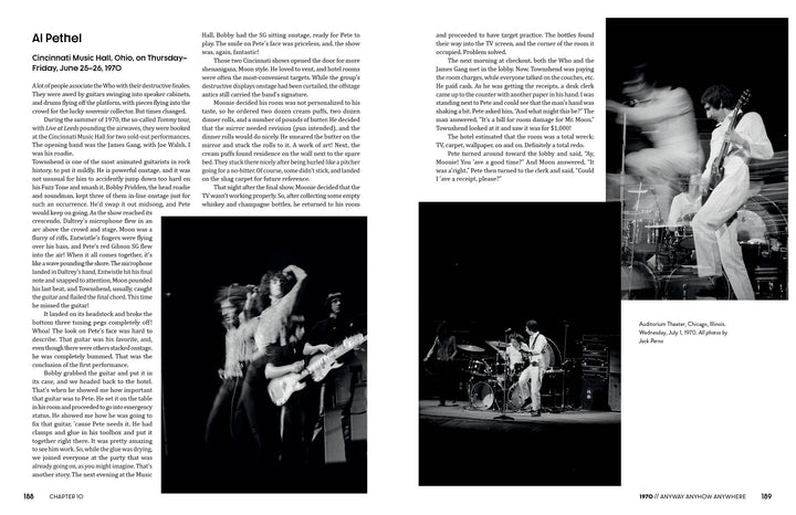 A two-page spread about The Who by Schiffer Publishing, Ltd. features text columns and three B&W concert photos: Pete Townshend jumping, Keith Moon drumming, and the band performing on stage.