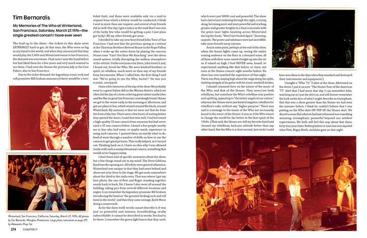 A two-page spread from Schiffer Publishing, Ltd.'s "The Who" features text recalling a 1976 concert, with four photos of the band, including Pete Townshend, performing on stage under vibrant lights. Captions and a title frame the article.