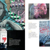 A two-page spread from *Women on the Walls* by Schiffer Publishing, Ltd. showcases murals of women's faces in urban scenes with graffiti and cars, while the right page's text delves into the cultural context of street art.