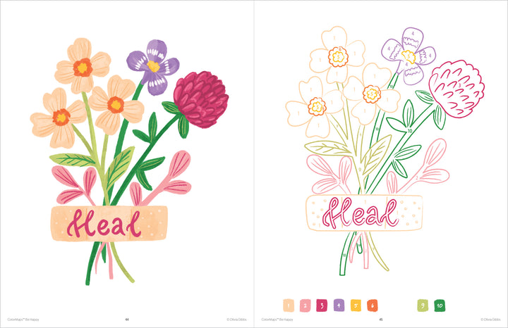 ColorMaps: Be Happy by Schiffer Publishing, Ltd. features a vibrant bouquet with a "heal" banner—full-color blooms on the left, outlined flowers on the right for relaxing coloring. Color-coded guides below make it perfect for adult coloring enthusiasts.