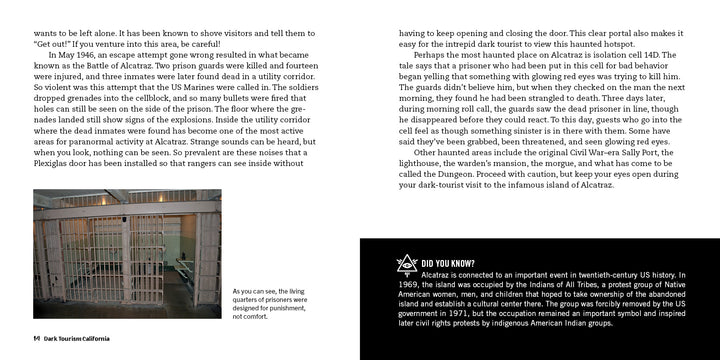 A barred cell with a bed, metal toilet, and sink shows the stark interior of Alcatraz in "Dark Tourism California" by Schiffer Publishing, Ltd.; an adjacent page features text and a Did You Know? fact box.