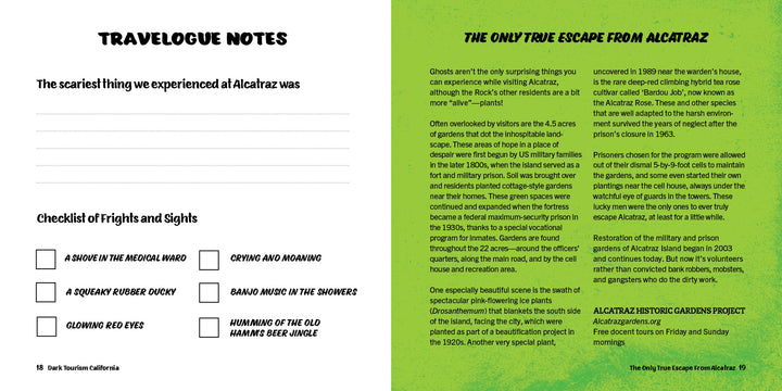 Two pages from Dark Tourism California by Schiffer Publishing, Ltd.: the left page offers scary Alcatraz prompts and a fright checklist; the right recounts chilling ghost stories and prison escapes in this haunted travel guide.