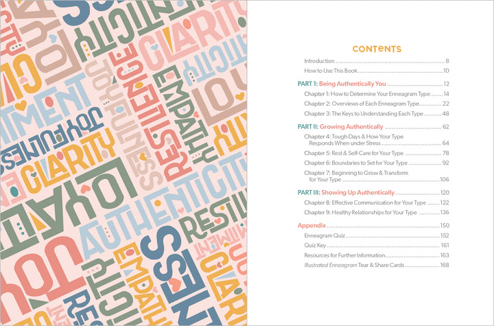 The image shows a contents page from Illustrated Enneagram by Schiffer Publishing, Ltd., with chapters on the Enneagram and self-development, and overlapping colorful words like “STRENGTH,” “EMPATHY,” and “KINDNESS” in various fonts on the left page.