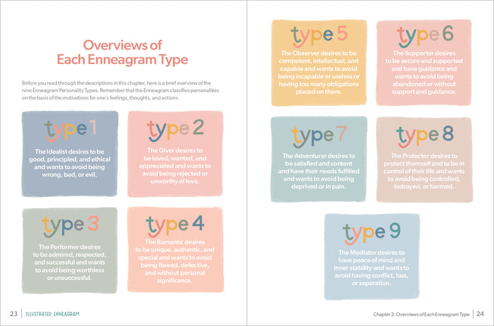 The Illustrated Enneagram by Schiffer Publishing, Ltd. features a two-page spread with brief overviews of the nine Enneagram types, each in a colorful box with a bold number—perfect for understanding core motivations and desires.