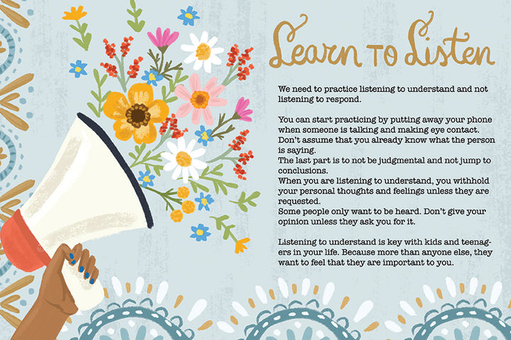 An illustrated hand with a megaphone and colorful flowers is beside blue patterns framing text titled “How to Be Happy” from Schiffer Publishing, Ltd., which explores how kindness and deep listening nurture real understanding.