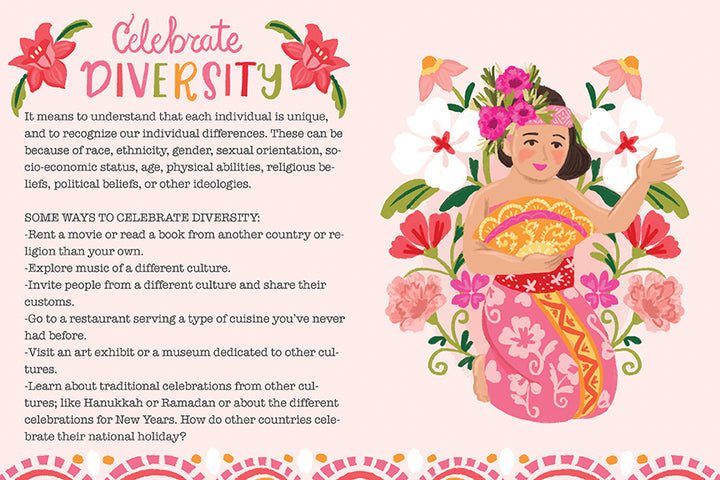 How to Be Happy" by Schiffer Publishing, Ltd. is an illustrated guide featuring a smiling woman in traditional dress with floral accents. It offers tips such as learning about other cultures, trying new foods, and sharing kindness.