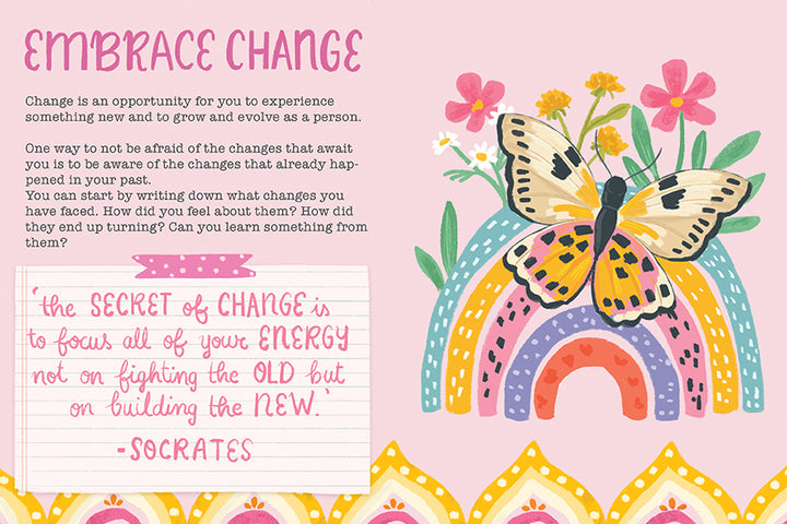 A vibrant illustration of a butterfly on a rainbow with flowers graces the cover of Schiffer Publishing, Ltd.'s "How to Be Happy," featuring motivational quotes on change and mindfulness—a perfect inspirational gift book.