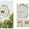 A spread from Sunny Stitches by Schiffer Publishing, Ltd. showcases a detailed butterfly hoop with wildflower borders, a reference color chart, and step-by-step photos—perfect for beginner embroidery projects.
