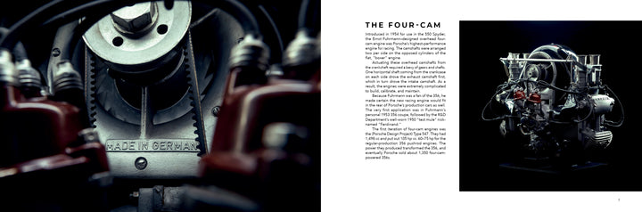 Close-up of a vintage Porsche engine part labeled Made in Germany, alongside a complex engine on black—featuring rare cars at the Saratoga Automobile Museum. From "Air & Water" by Schiffer Publishing, Ltd., with details about the Four-Cam engine.