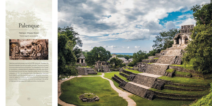 Panoramic view of ancient Mayan ruins at Palenque, featured in "Monumental" by Schiffer Publishing, Ltd., with stone temples amid lush trees in Chiapas, Mexico. A photo book-worthy stone carving detail appears on the left.