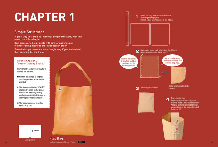 Leathercrafting DIY by Schiffer Publishing, Ltd. is a beginner's guide to making a simple flat leather bag, with step-by-step numbered photos, diagrams, essential tools, materials, and tips for stitching and construction. Perfect for new projects.