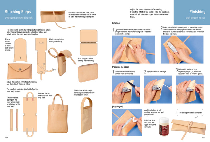 Leathercrafting DIY by Schiffer Publishing, Ltd. is a step-by-step leatherwork photo guide for beginners, showing how to stitch, assemble, finish, and care for a tan leather bag with clear images, instructions, and diagrams.