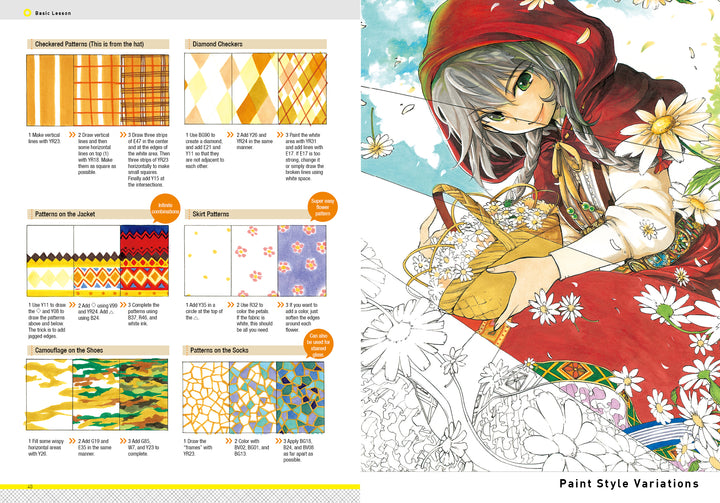 A girl with gray hair, green eyes, and a floral red hooded cloak holds daisies. The left side shows manga techniques, fabric swatches, and text on character creation with COPIC markers from "How to Render Attractive Characters with COPIC Markers" by Schiffer Publishing, Ltd.