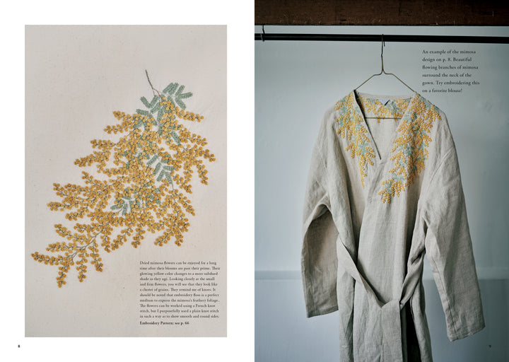 Left: Juno's Nature Embroidery Notebook by Schiffer Publishing, Ltd. shows detailed yellow mimosa and green leaf embroidery. Right: The cover displays similar mimosa designs on beige linen, set against a plain white background.
