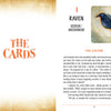 An open book from Schiffer Publishing, Ltd.'s "Between the Worlds" shows a chapter titled Raven / Seeker / Messenger with a raven illustration, evoking oracle deck and divination card themes as a raven visits two people at breakfast.