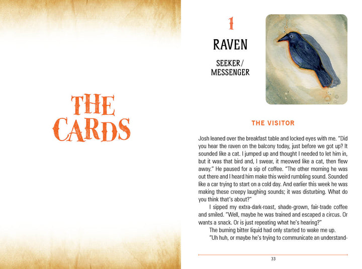 An open book from Schiffer Publishing, Ltd.'s "Between the Worlds" shows a chapter titled Raven / Seeker / Messenger with a raven illustration, evoking oracle deck and divination card themes as a raven visits two people at breakfast.