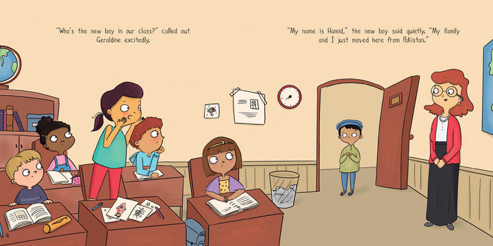 In Schiffer Publishing, Ltd.'s "Geraldine and the Rainbow Machine," Geraldine meets a new classmate from Pakistan, highlighting diversity as curious students welcome him to their classroom.