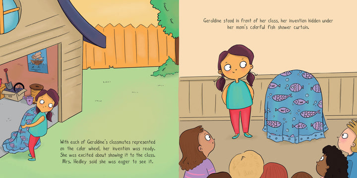 In a classroom, a young inventor unveils her large blue Rainbow Machine—covered with a fish-patterned cloth—and stands beside it, ready to present her invention from Schiffer Publishing's "Geraldine and the Rainbow Machine" to classmates and her teacher.