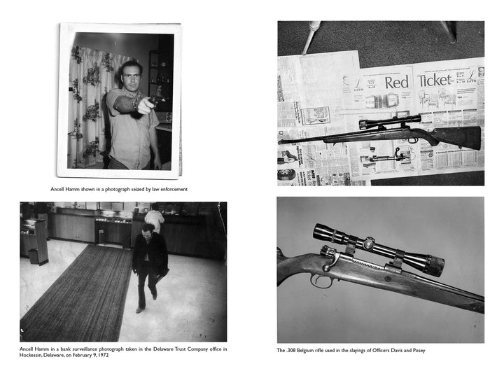 A collage for "Small-Town Cops in the Crosshairs" (Schiffer Publishing, Ltd.) features four black-and-white images: a gunman, Johnston gang suspect under surveillance, and two close-ups of a scoped rifle on newspaper and plain backgrounds.