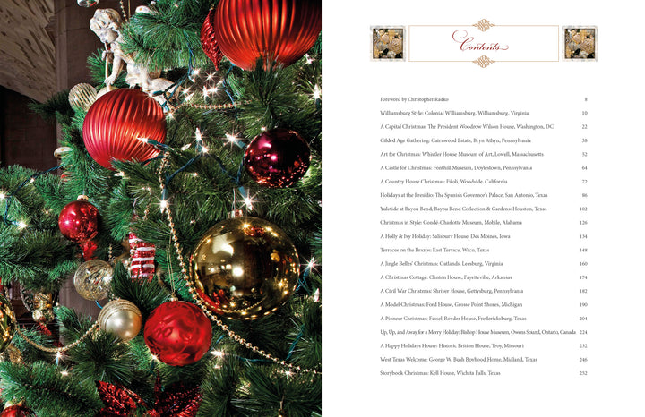On the left, a Christmas tree adorned with red and gold vintage ornaments; on the right, the table of contents for "Christmas at America's Landmark Houses, 2nd Edition" by Schiffer Publishing, Ltd., framed by a festive border and chapter titles with page numbers.