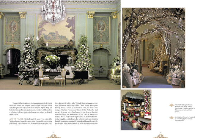 Experience the elegance of Christmas at America's Landmark Houses, 2nd Edition by Schiffer Publishing, Ltd., featuring grand floral displays, sparkling lights, vintage ornaments, a carriage ride, and decorated outdoor scenes.