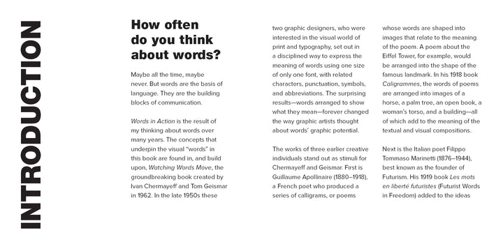 The image displays an introduction page from Words in Action by Schiffer Publishing, Ltd. INTRODUCTION is vertically aligned left, with a heading asking "How often do you think about words?" and paragraphs on words, typography, and graphic design.